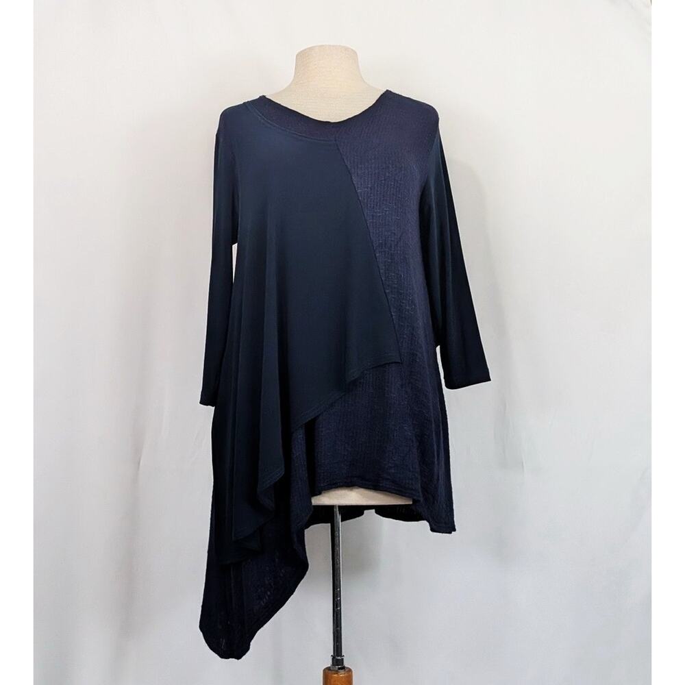 Sympli Tunic Top Navy Blue Asymmetrical Hem Layered Trapeze Women's Size 10